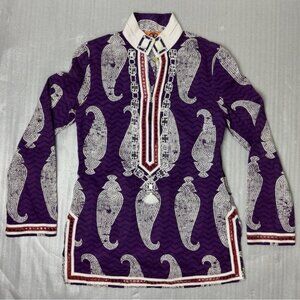 Tory Burch Boho Purple Paisley Print Cotton Mirror Bead Fringe Tunic Size 2